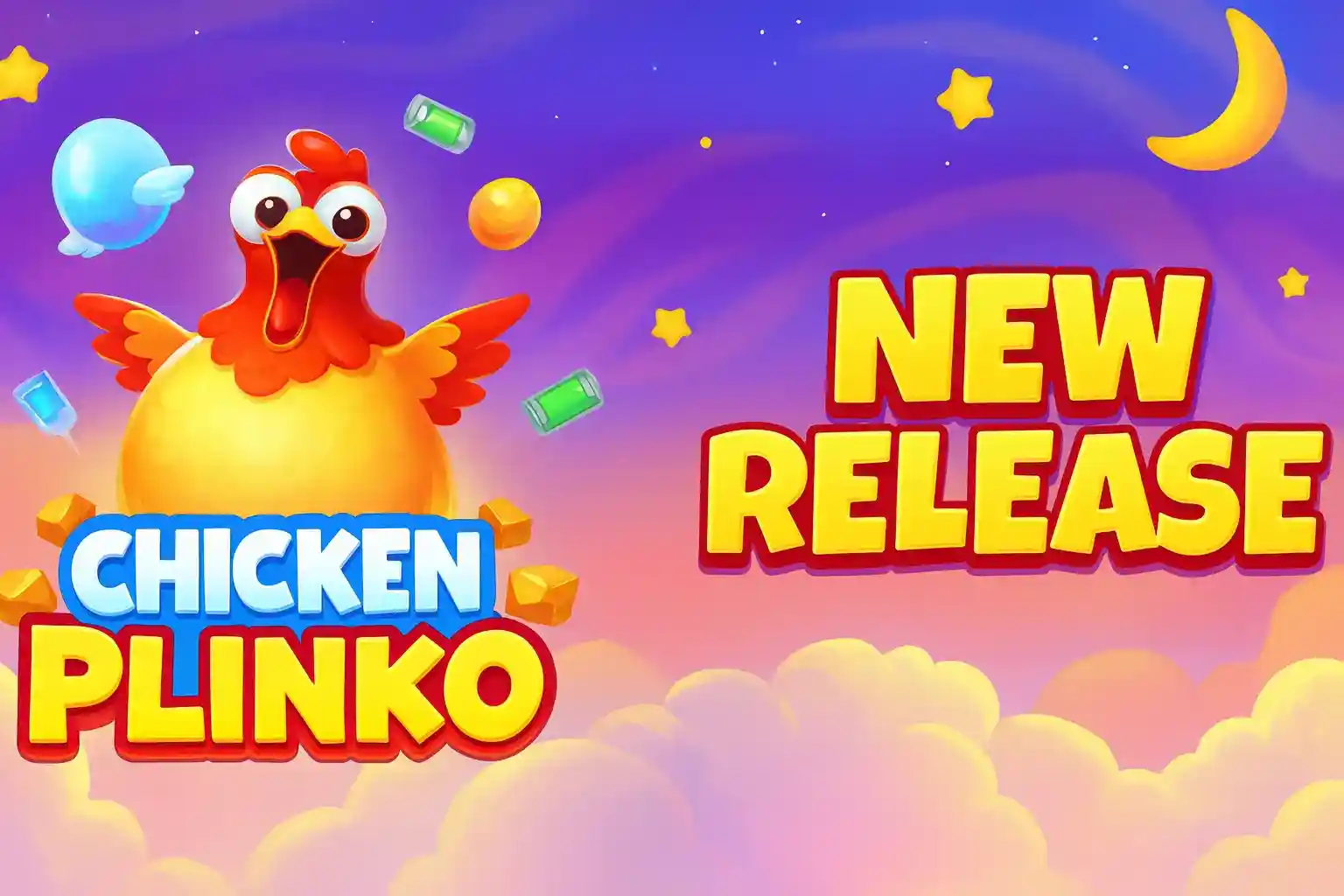 Galinha animada Chicken Plinko com anúncio de novo lançamento colorido