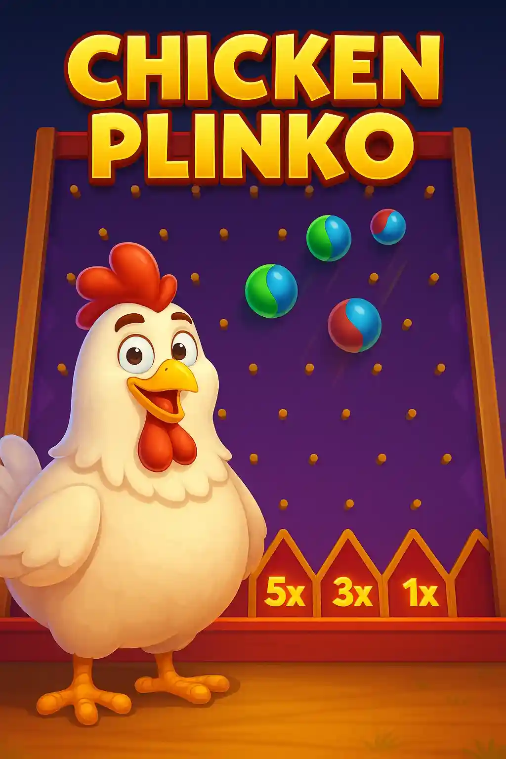 Galinha divertida em jogo Plinko com bolas coloridas e multiplicadores