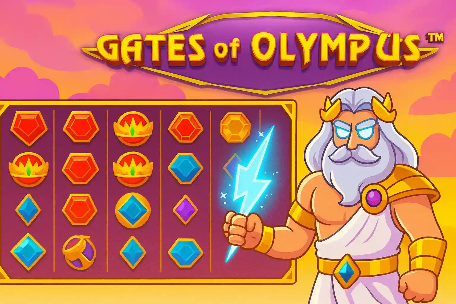 Personagem Zeus segurando raio ao lado dos rolos do slot Gates of Olympus
