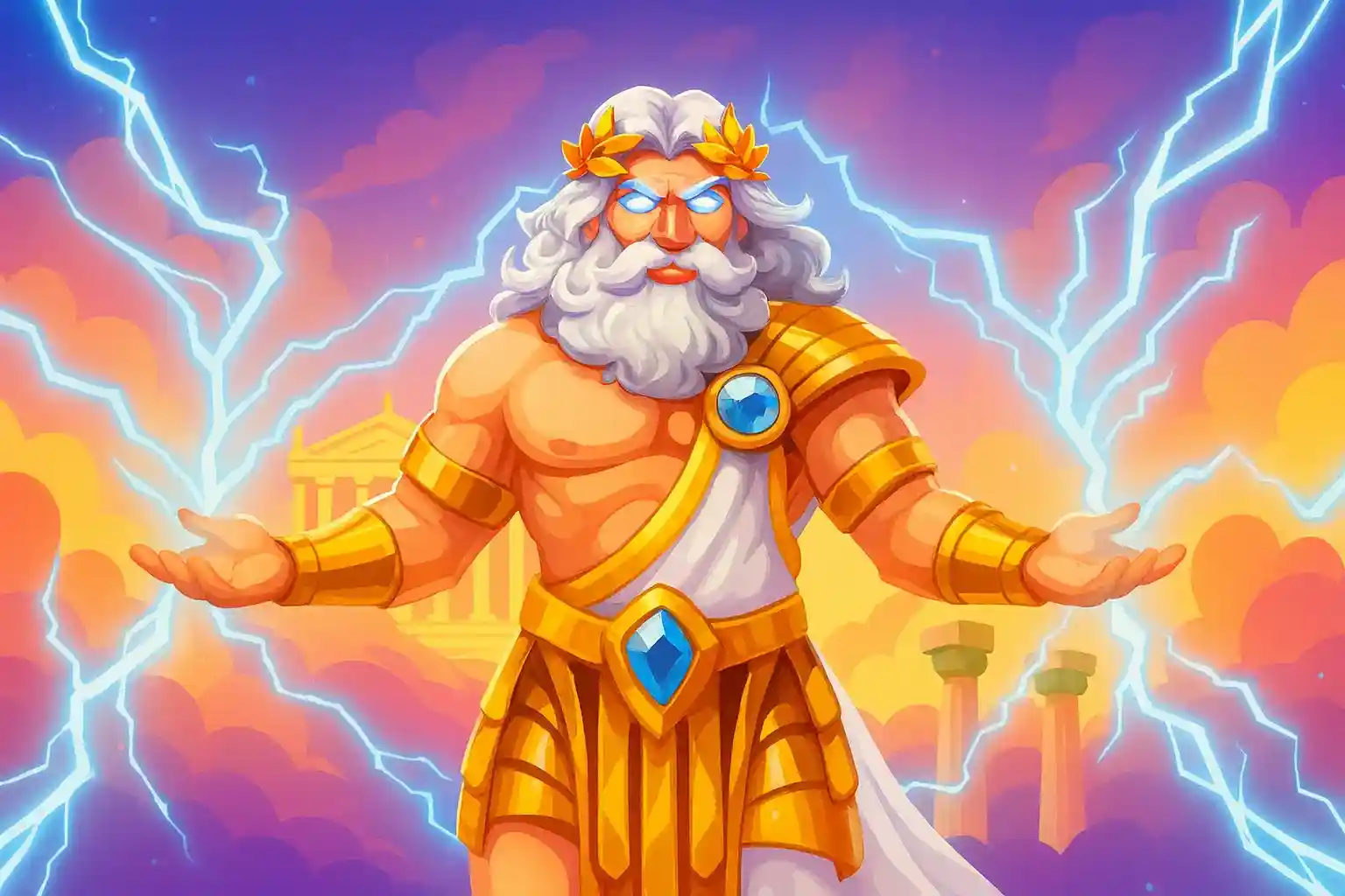 Deus Zeus com relâmpagos dourados em cenário de slot inspirado no Olimpo