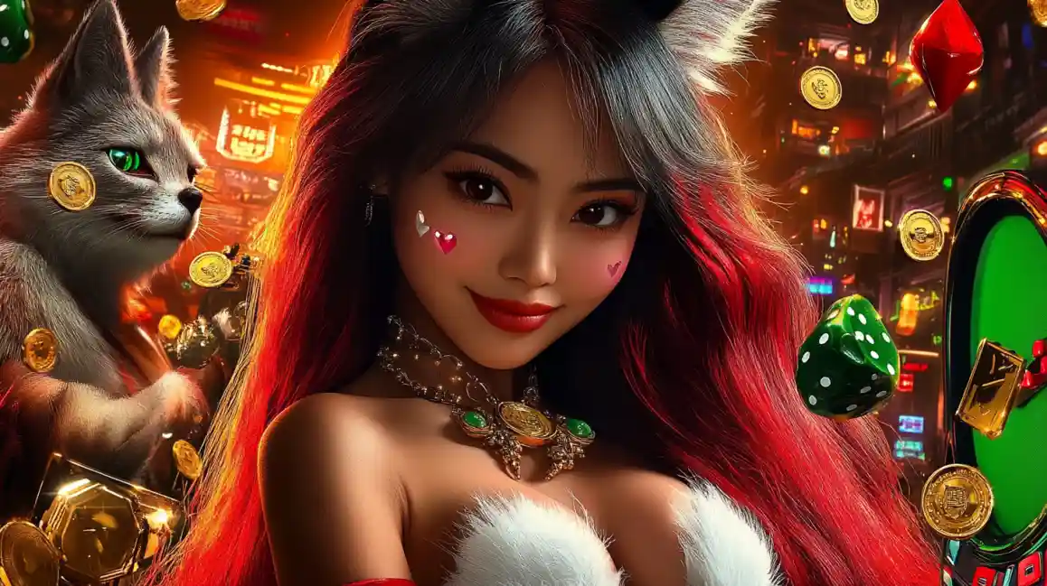 Garota estilo fantasia com orelhas de raposa em cenário de cassino neon