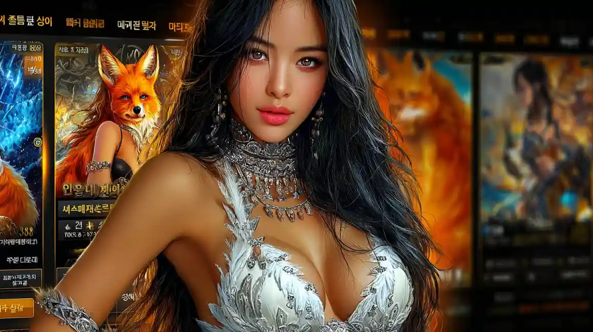 Modelo feminina glamourosa em ambiente de cassino online com luzes e slots